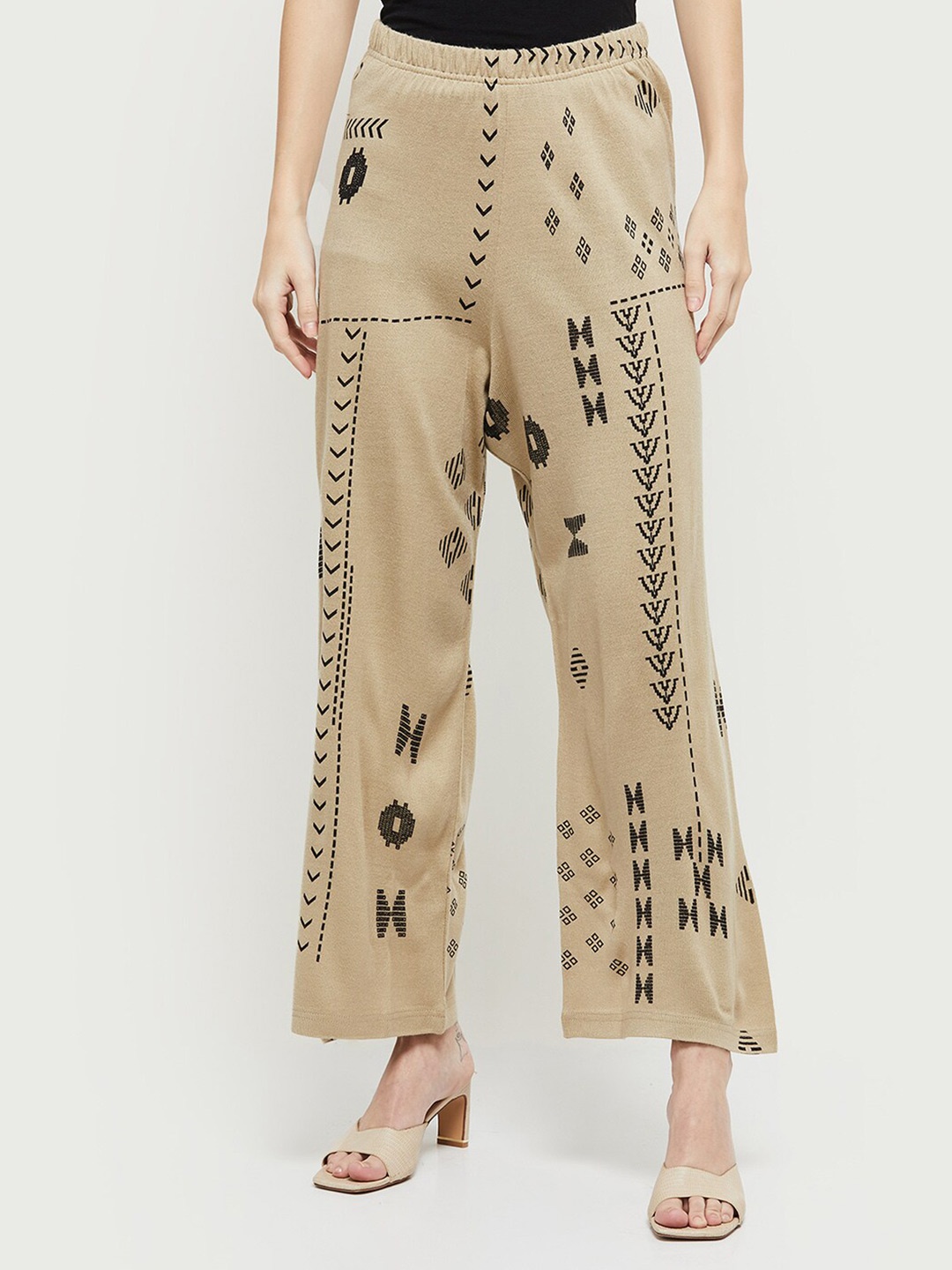 

max Women Beige & Black Printed Knitted Acrylic Ethnic Palazzos