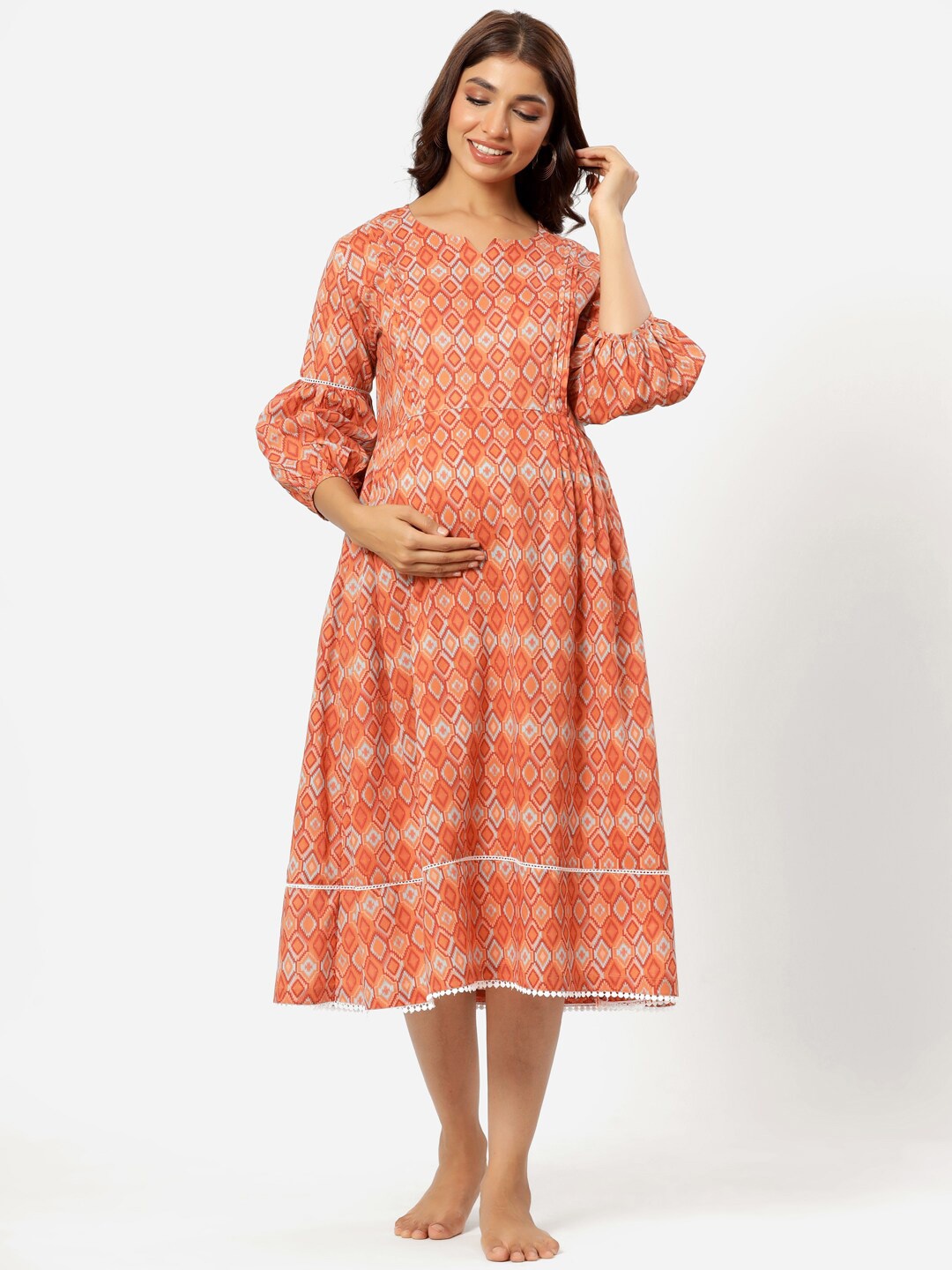 

Ikk Kudi by Seerat Peach-Coloured Ethnic Motifs Maternity & Nursing Cotton Midi Dress