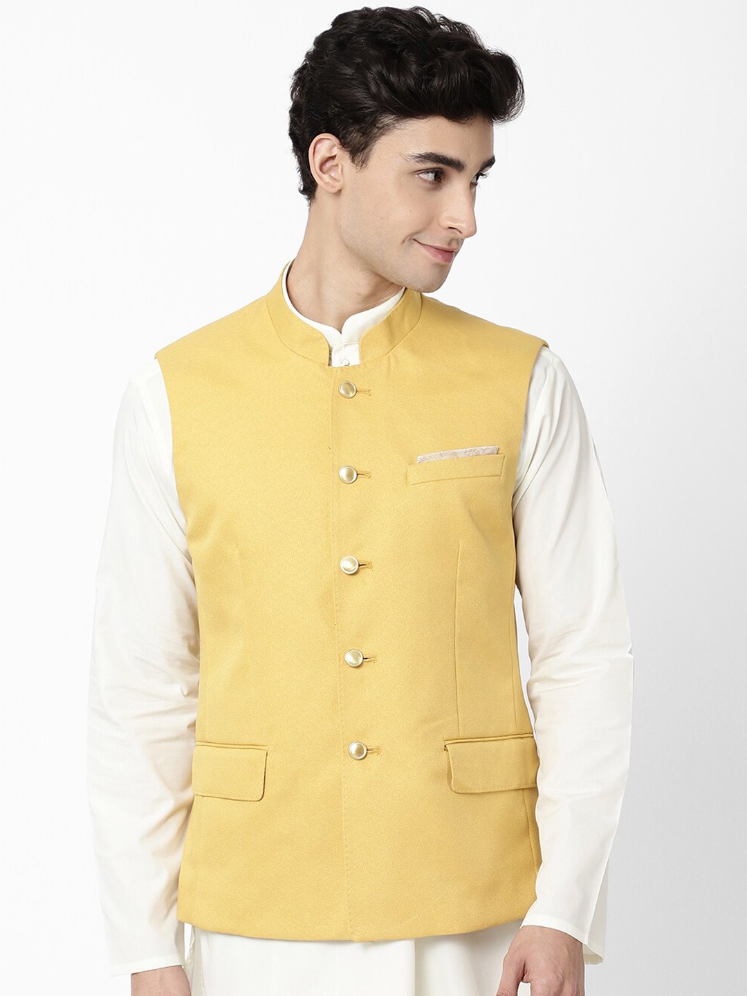 

AD By Arvind Men Yellow Solid Woven Nehru Jackets
