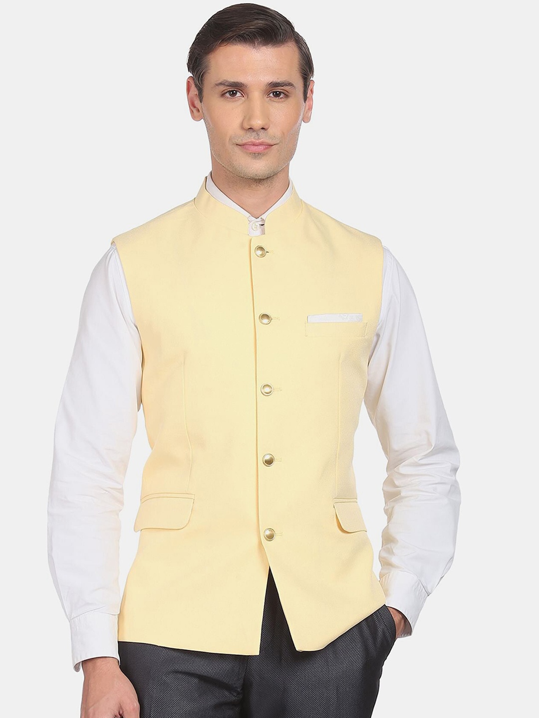 

AD By Arvind Men Yellow Solid Woven Nehru Jacket
