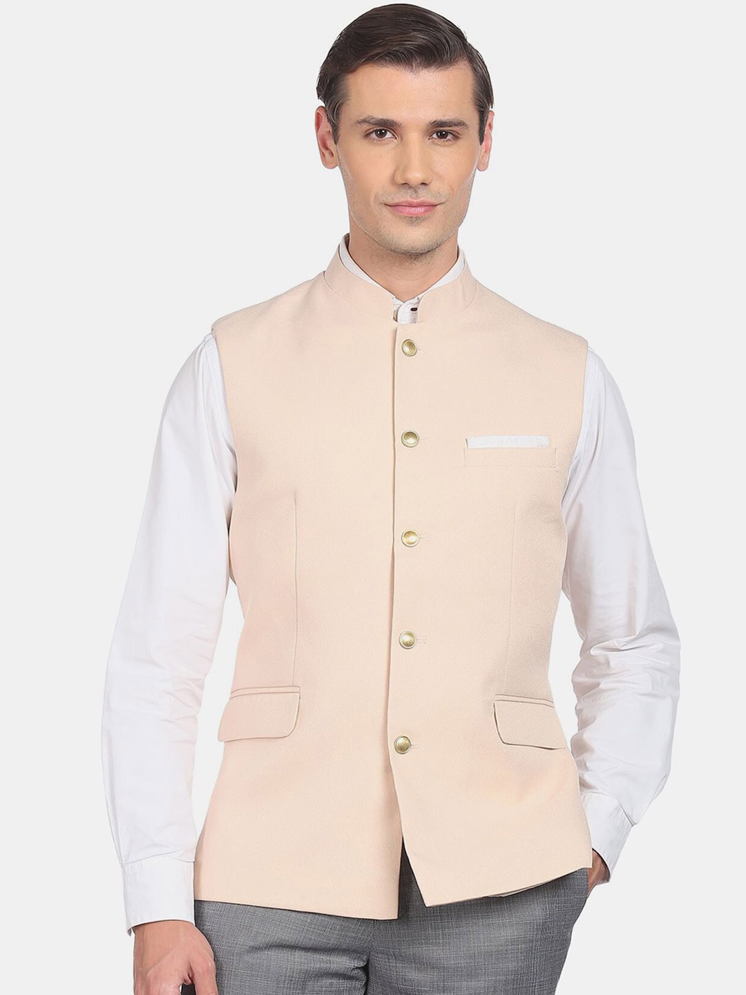 

AD By Arvind Men Peach-Coloured Textured Woven Nehru Jackets