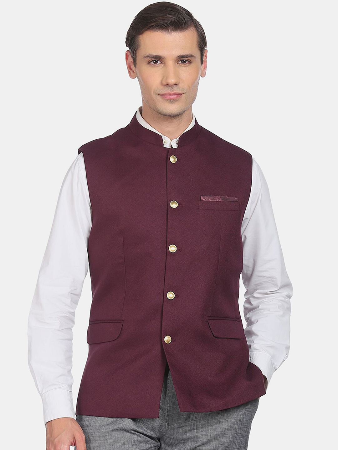 

AD By Arvind Men Maroon Textured Woven Nehru Jackets