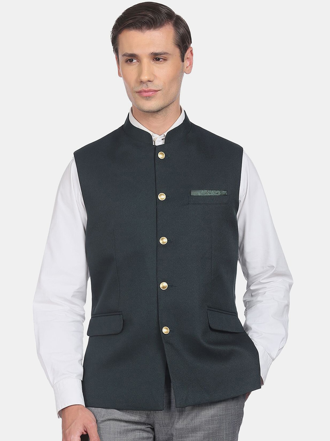 

AD By Arvind Men Green Textured Woven Nehru Jacket