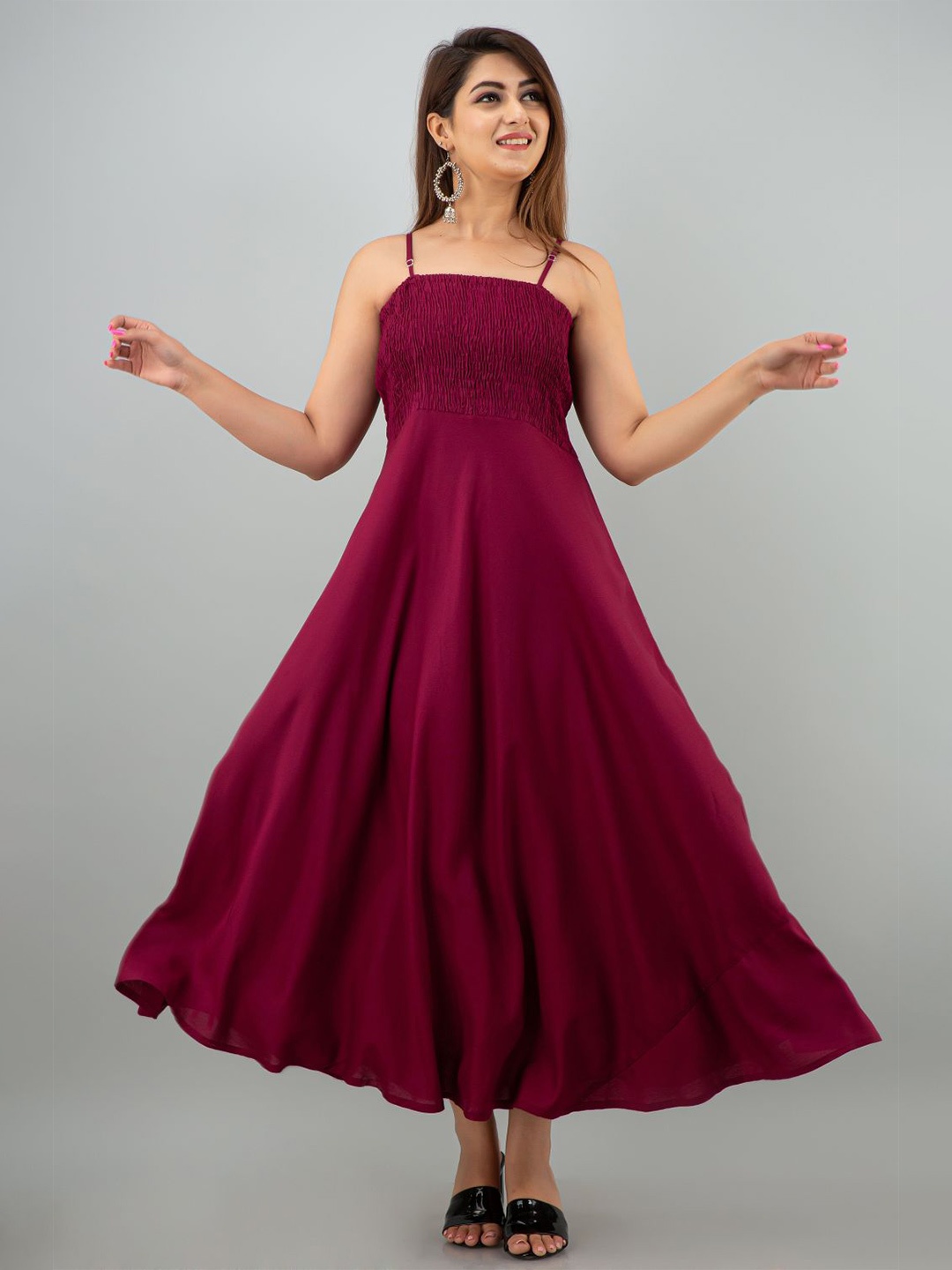 

PURSHOTTAM WALA Women Maroon Smocked Maxi Dress