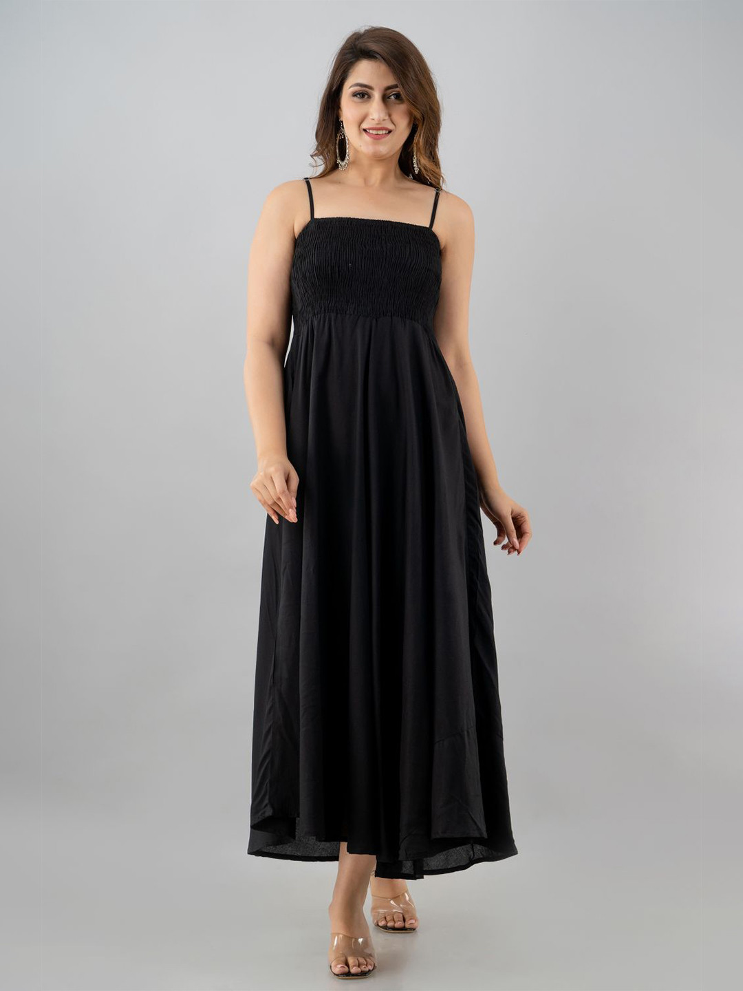 

PURSHOTTAM WALA Women Black Smocked Maxi Dress