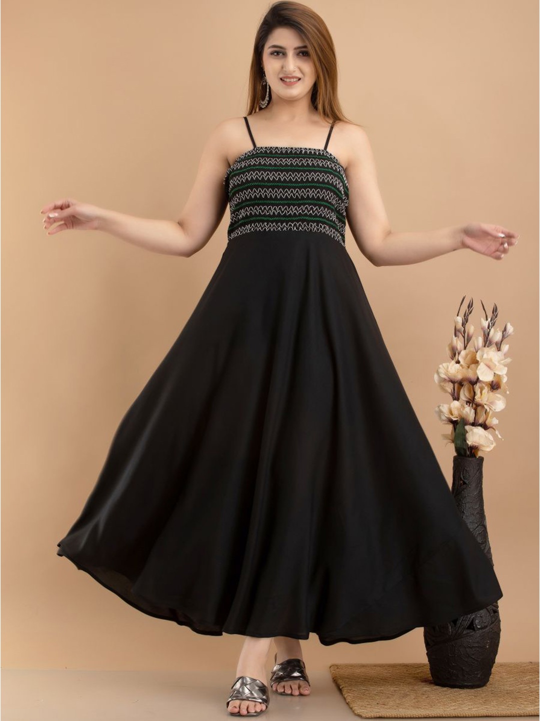 

PURSHOTTAM WALA Black Smocking Maxi Dress