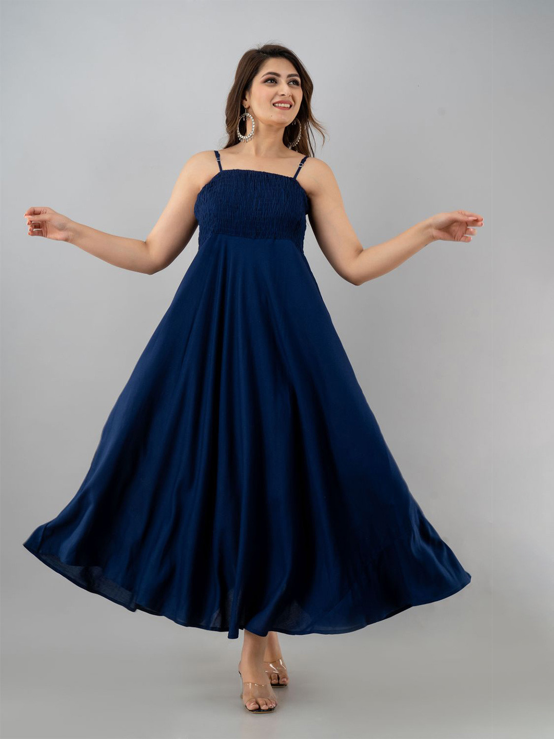 

PURSHOTTAM WALA Women Navy Blue Smocked Maxi Dress