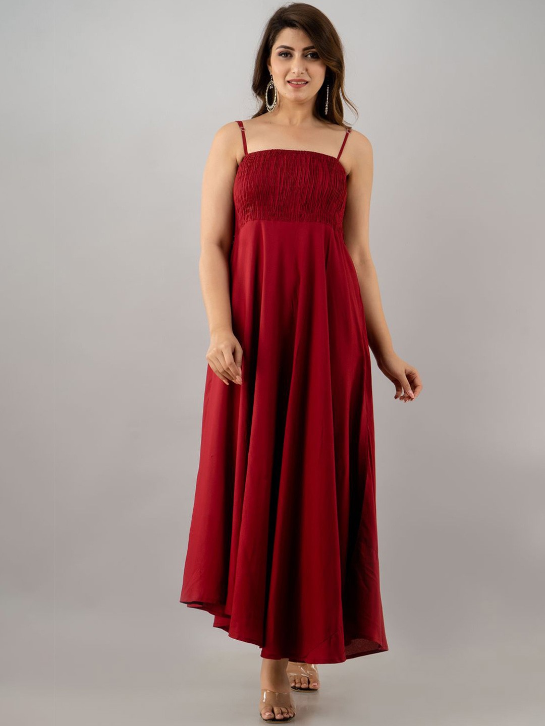 

PURSHOTTAM WALA Women Maroon Smocked Maxi Dress