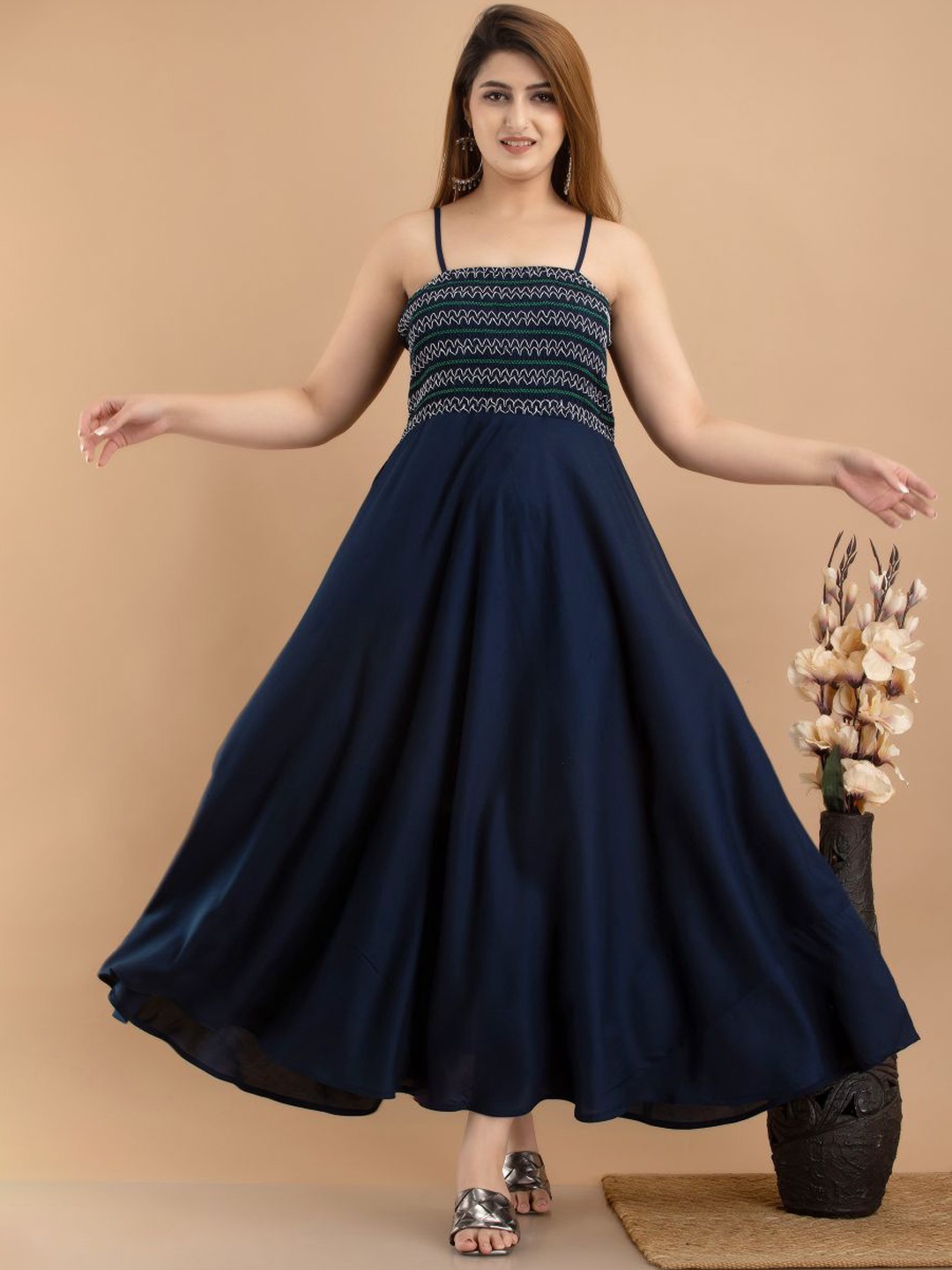 

PURSHOTTAM WALA Women Navy Blue Smocked Maxi Dress
