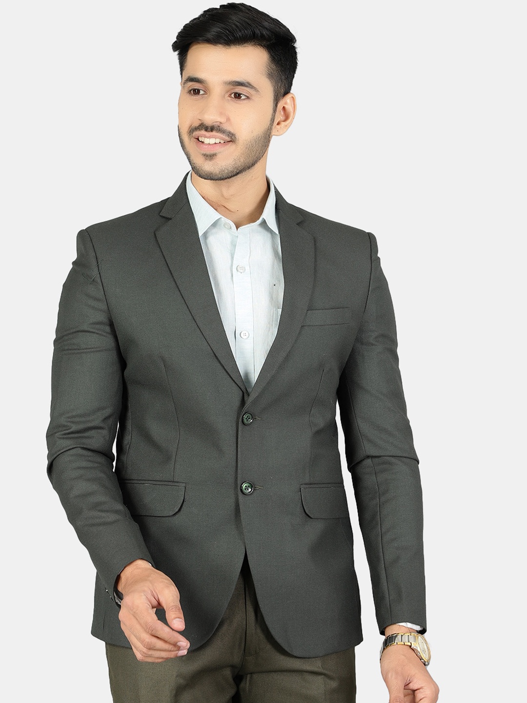 

Wintage Men Green Solid Single-Breasted Blazer