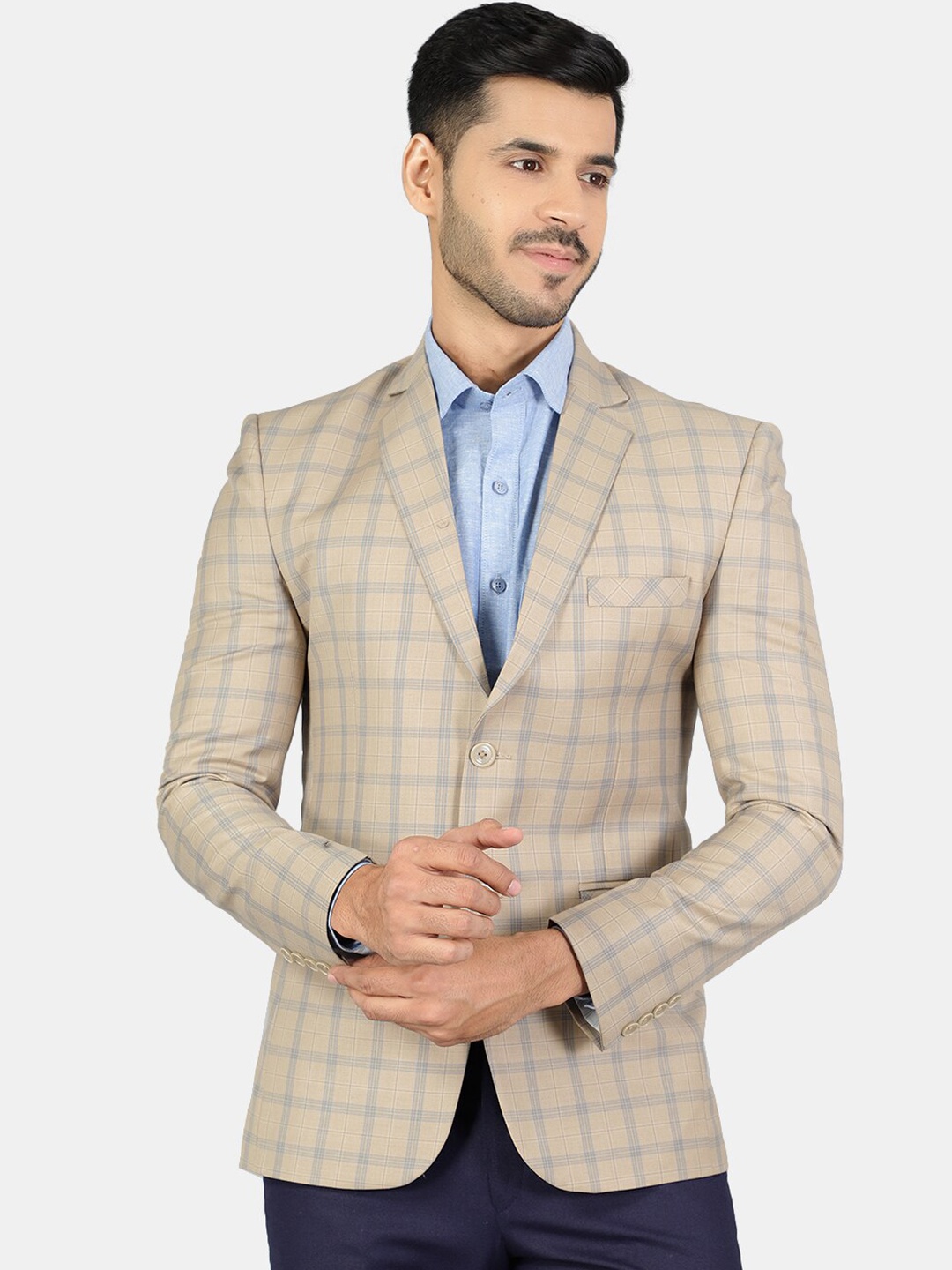 

Wintage Men Beige Checked Single-Breasted Blazer
