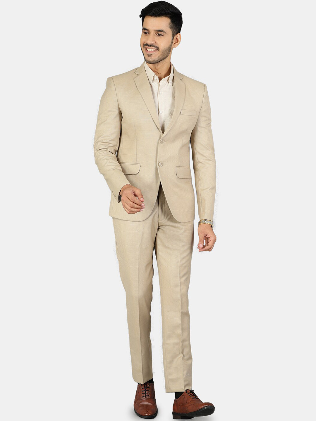 

Wintage Men Beige Solid Single-Breasted 3-Piece Formal Suit