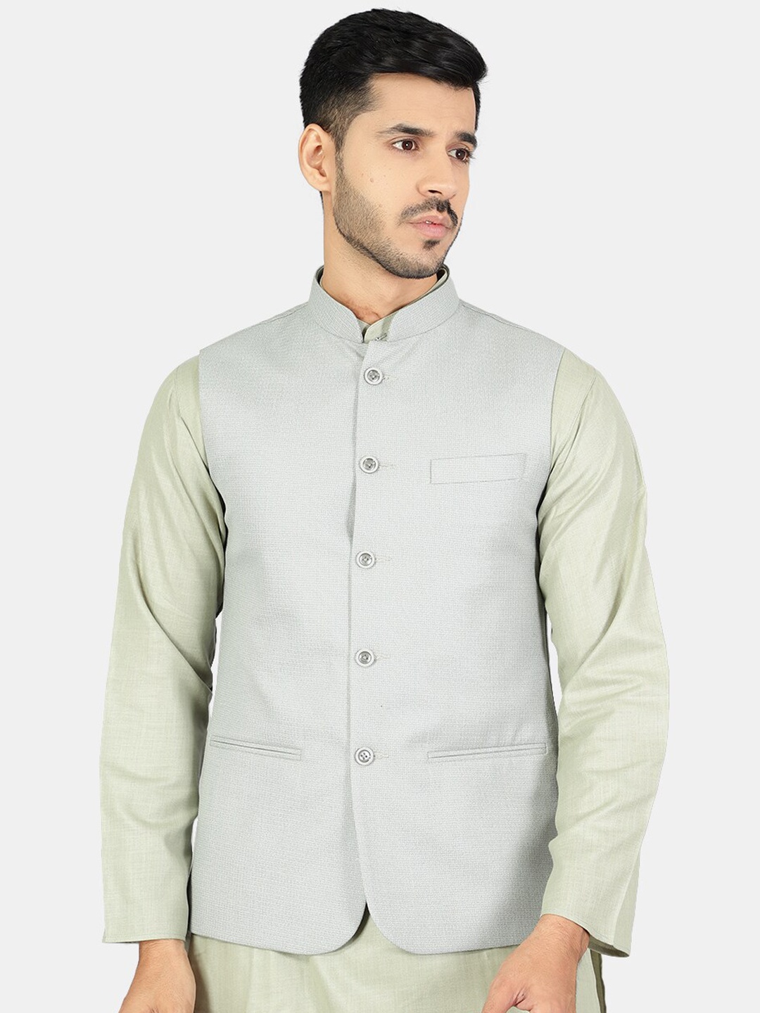 

Wintage Men Grey Woven Design Nehru Jacket