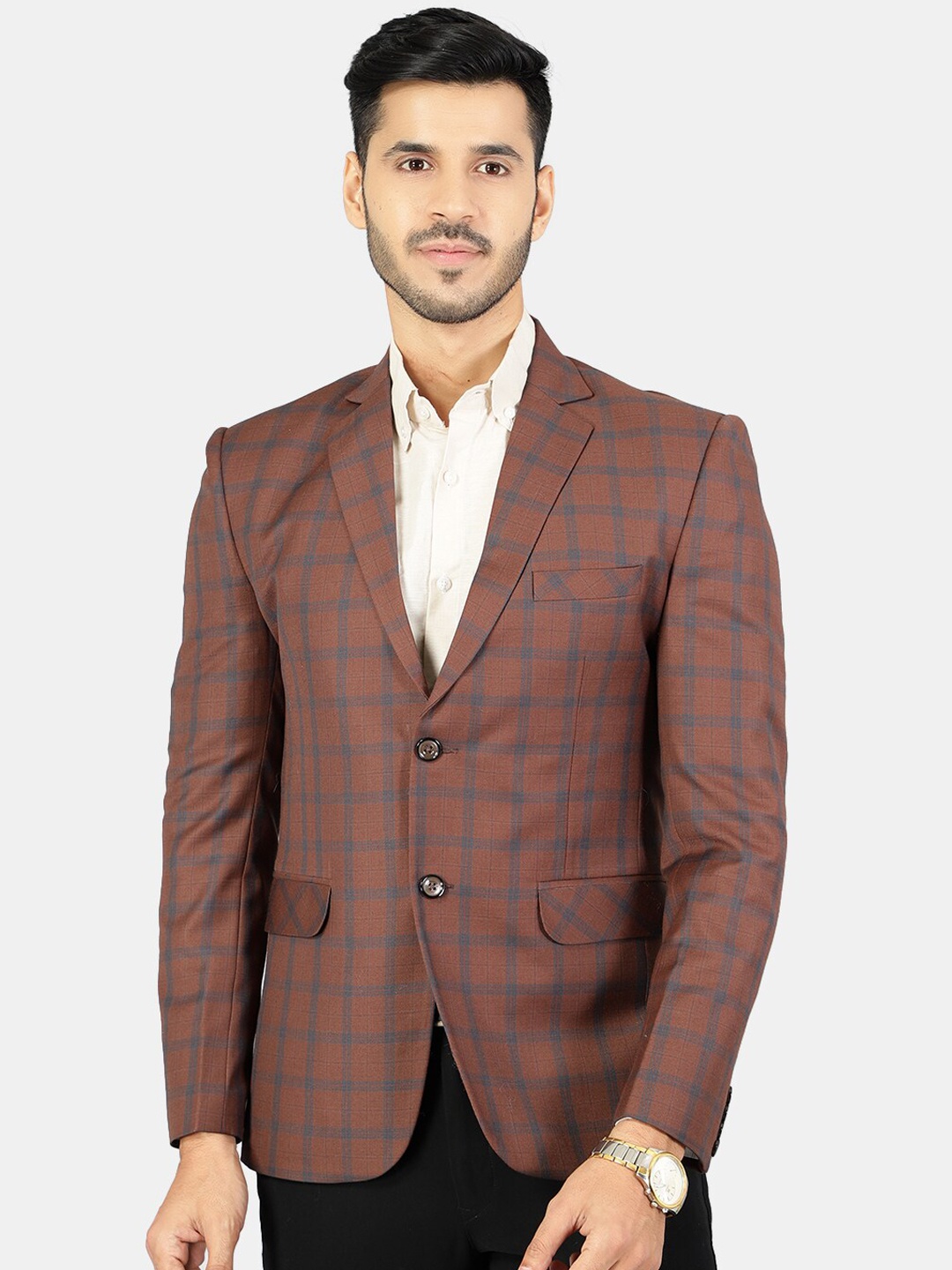 

Wintage Men Brown & Blue Checked Single-Breasted Blazers