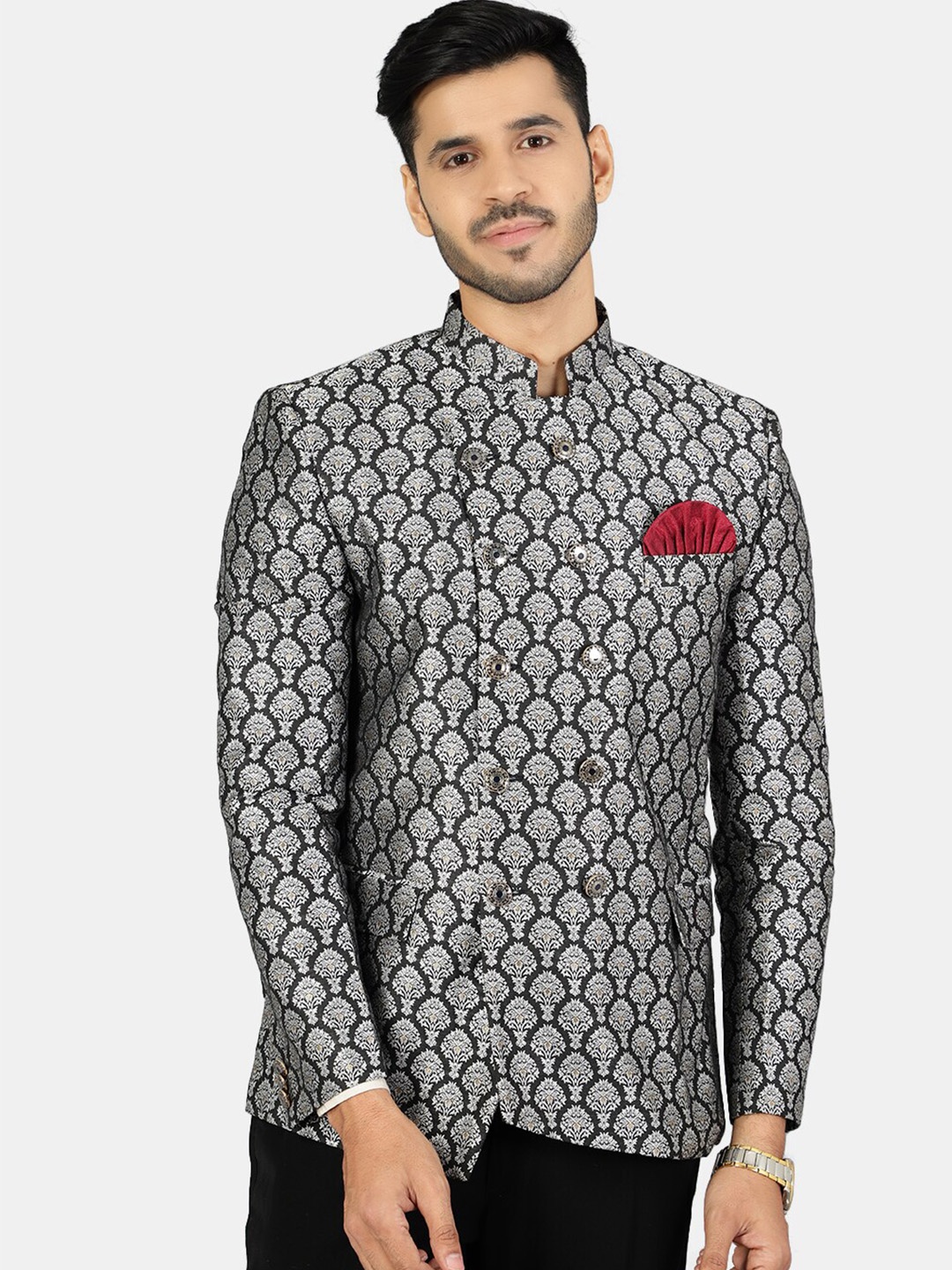 

Wintage Men Black & Silver Printed Bandhgala Blazer