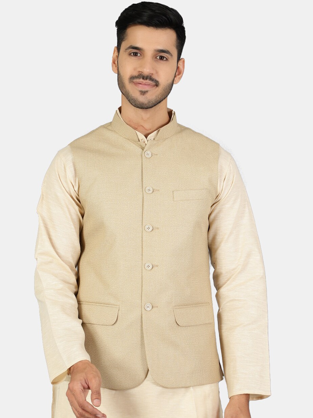 

Wintage Men Gold Solid Woven Nehru Jacket