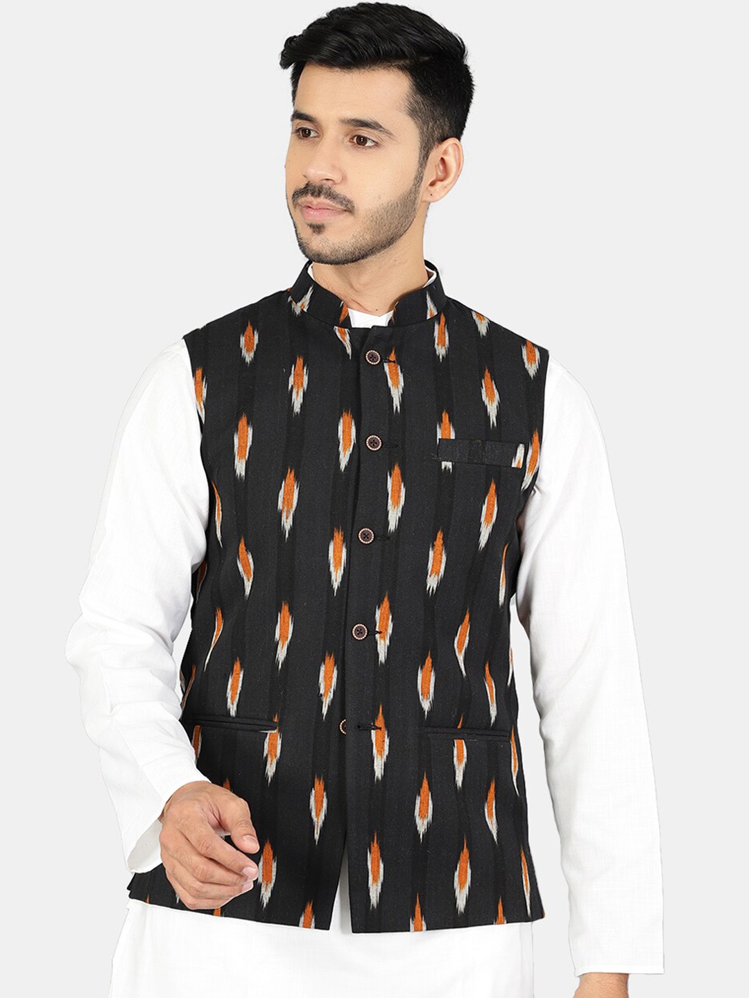 

Wintage Men Black & Orange Printed Woven Pure Cotton Nehru Jacket