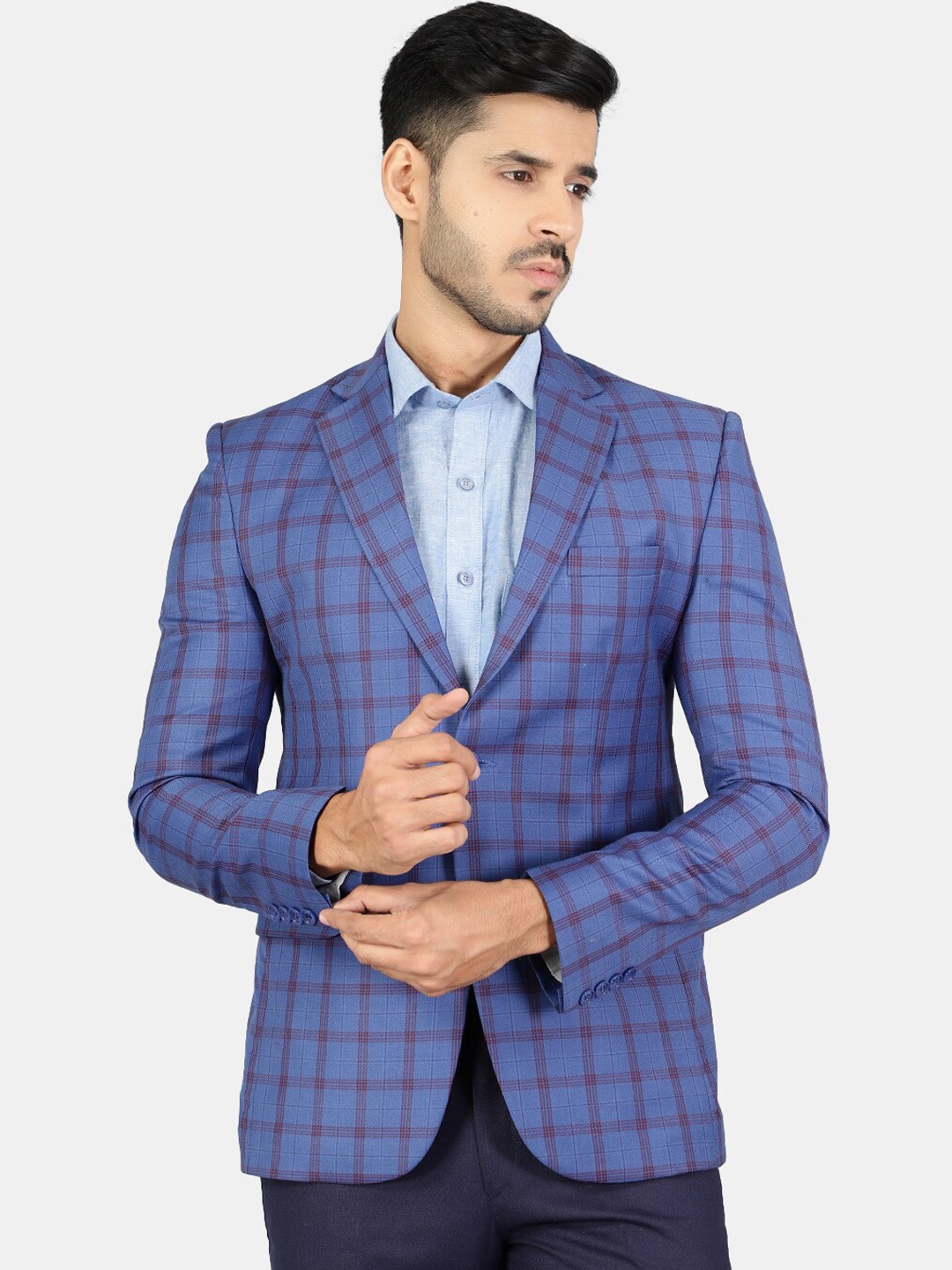 

Wintage Men Blue Checked Single-Breasted Formal Blazers