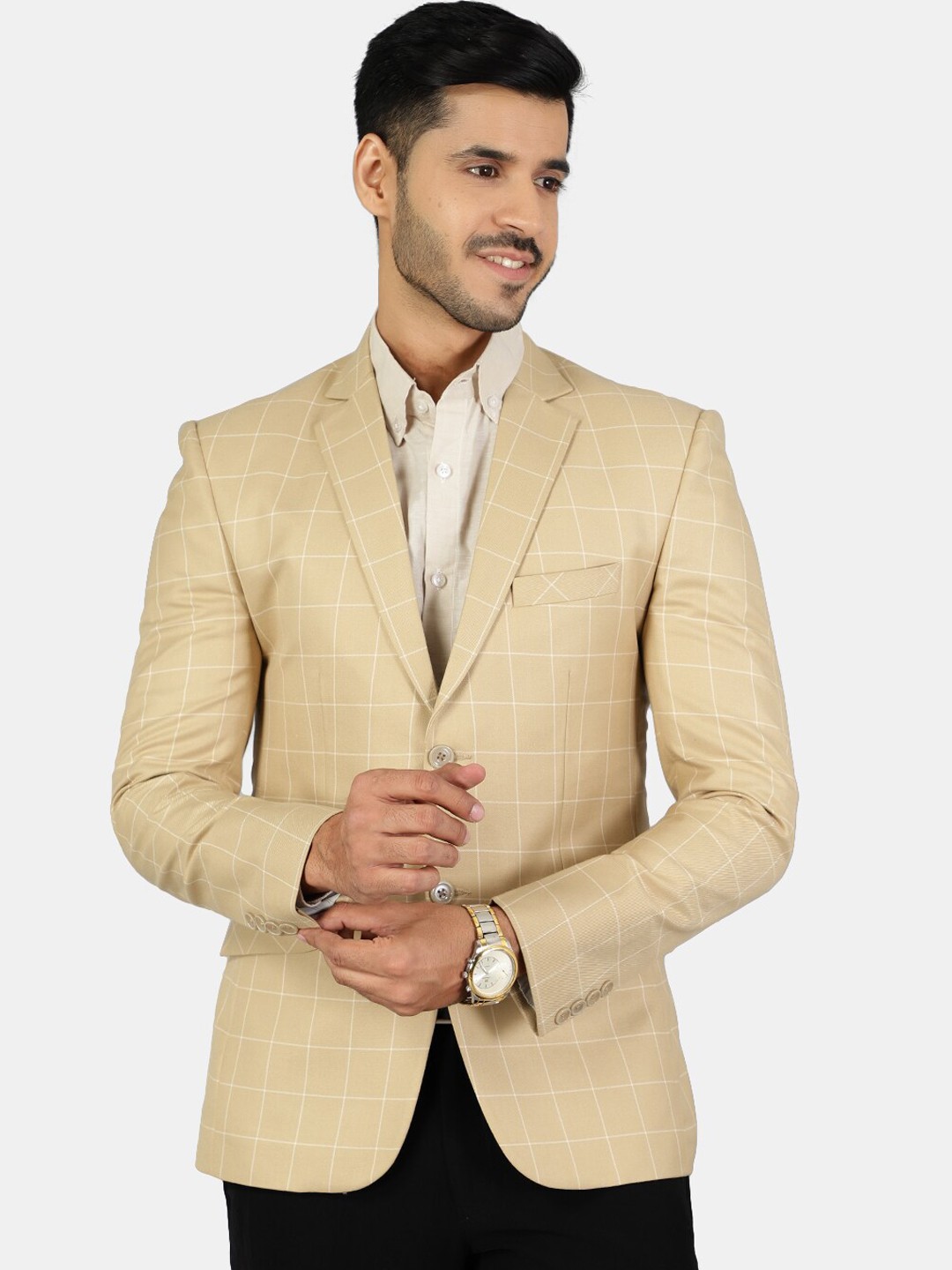 

Wintage Men Beige & White Checked Single-Breasted Formal Blazers
