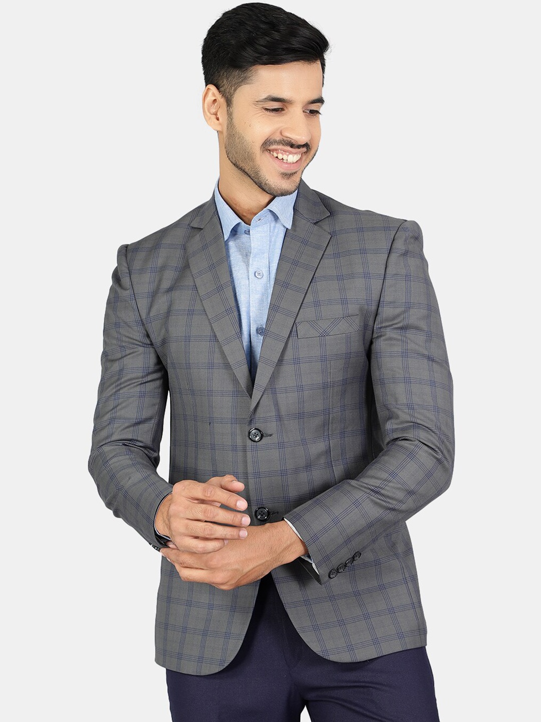 

Wintage Men Grey & Blue Checked Single-Breasted Blazers