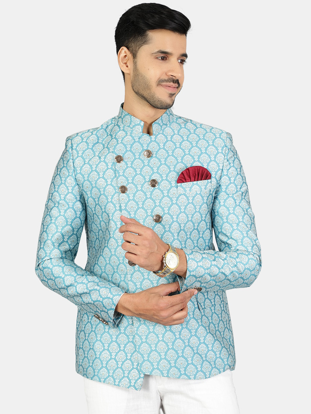 

Wintage Men Blue & White Printed Bandhgala Blazer