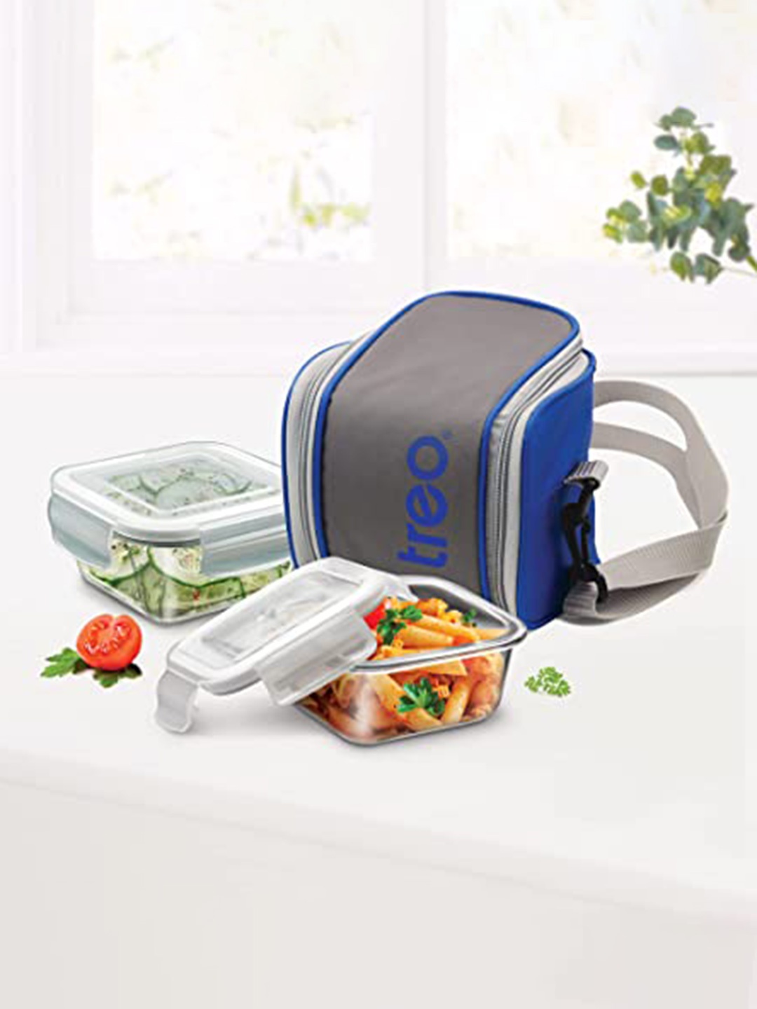 

Treo Set Of 2 Blue & Grey Cube Square Glass Tiffin 300ML Each