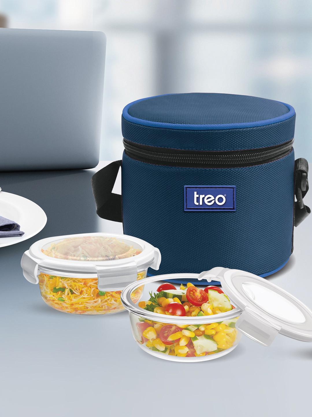

Treo Set of 2 Transparent Health First Round Glass Tiffin Box with Cover 380 ml Each