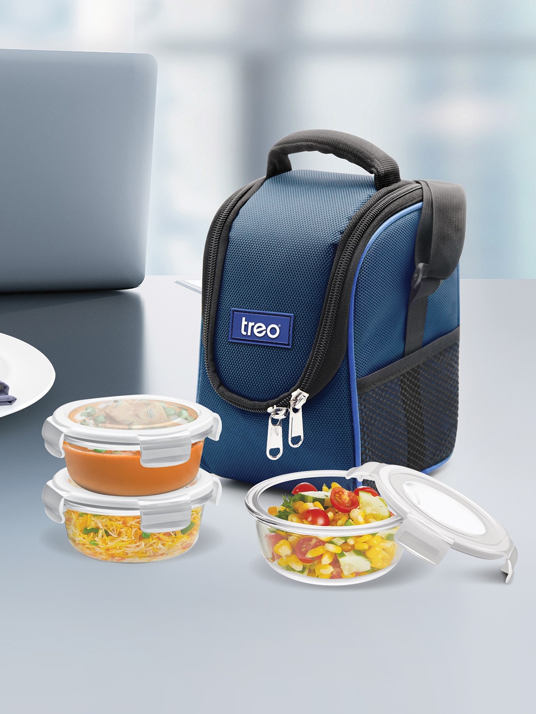 

Treo Set of 3 Transparent Health First Round Glass Tiffin Box with Cover 380 ml Each