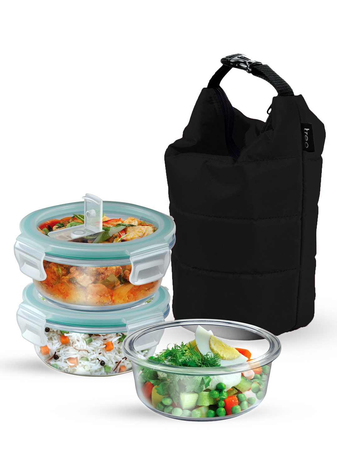 

Treo Set of 3 Swag Borosilicate Glass Round Tiffin 380 ml Each with Blue Jacket