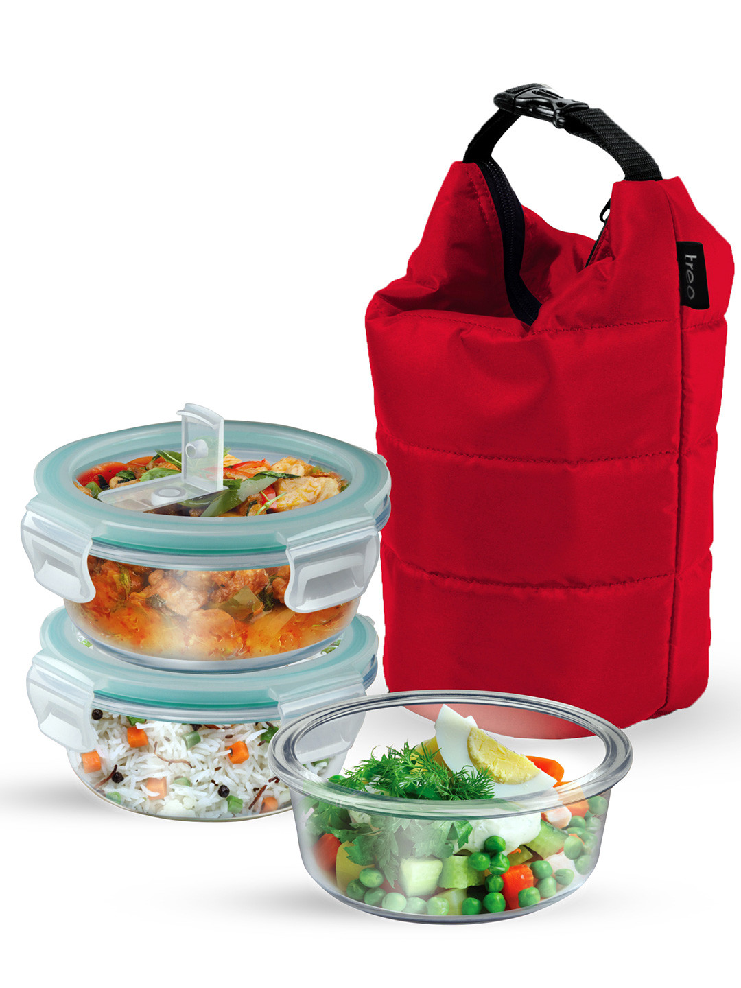 

Treo Set Of 3 Swag Borosilicate Glass Round Tiffin 380 ml Each with Red Jacket