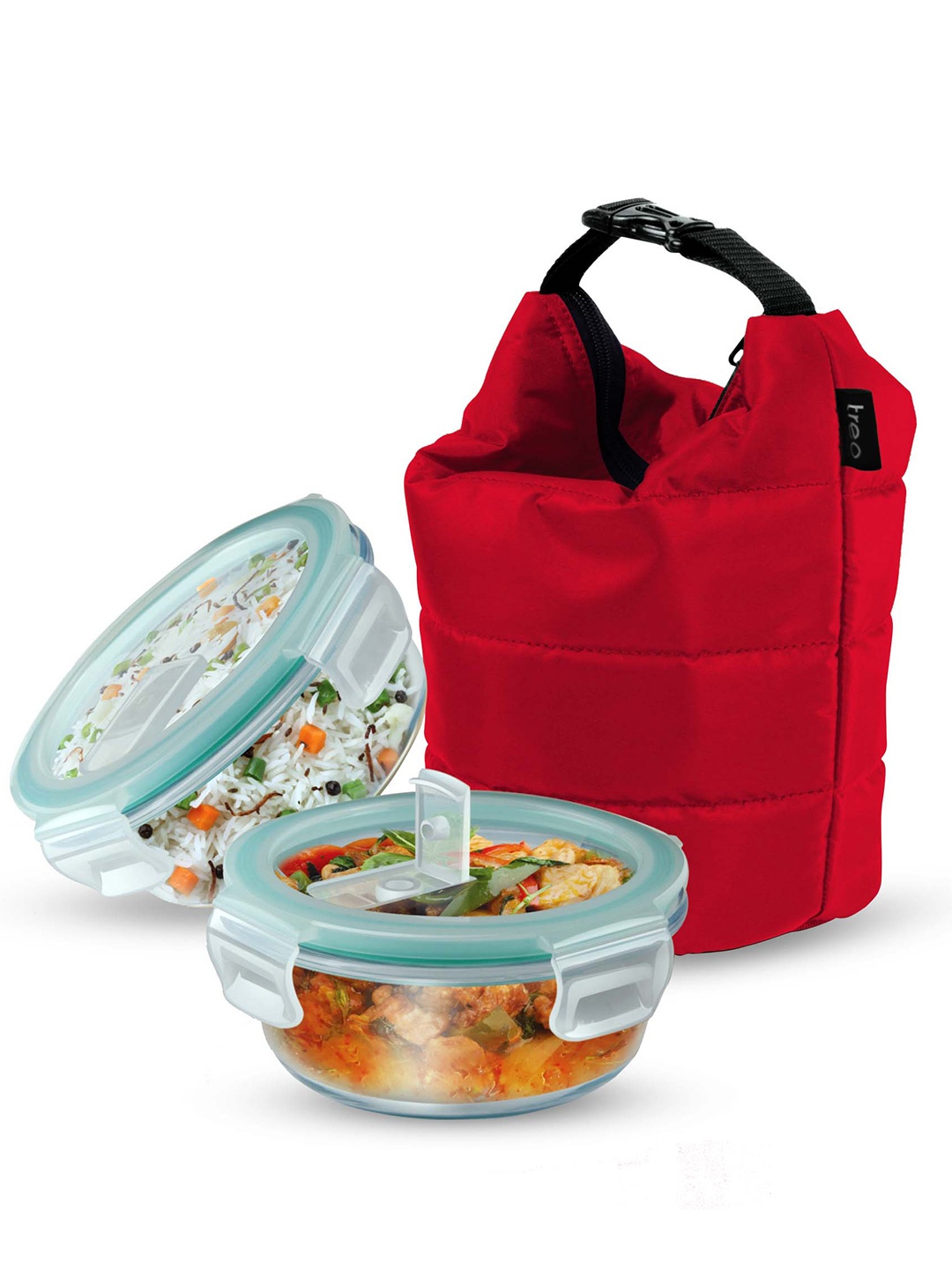 

Treo Set of 2 Swag Borosilicate Glass Round Tiffin 380 ml Each with Red Jacket
