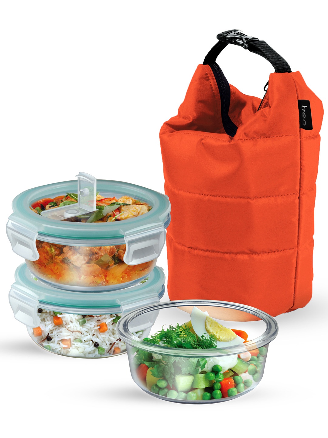 

Treo Set Of 3 Swag Borosilicate Glass Round Tiffin 380 ml Each with Orange Jacket