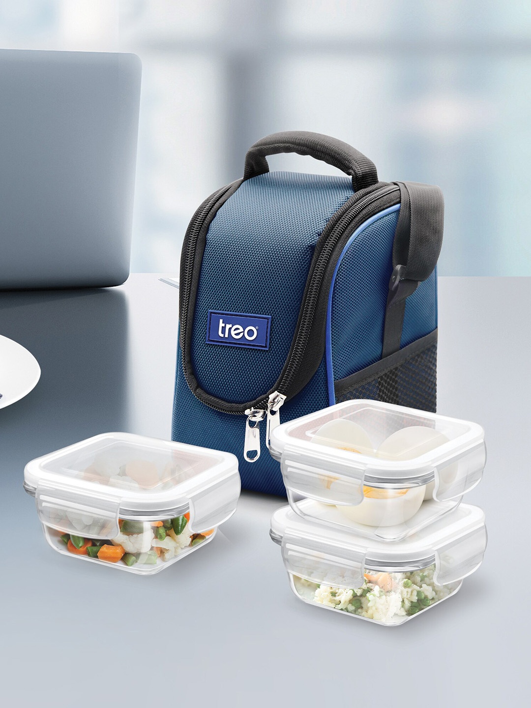 

Treo Set Of 3 Transparent Health First Square Glass Tiffin Box with Cover 300 ml Each