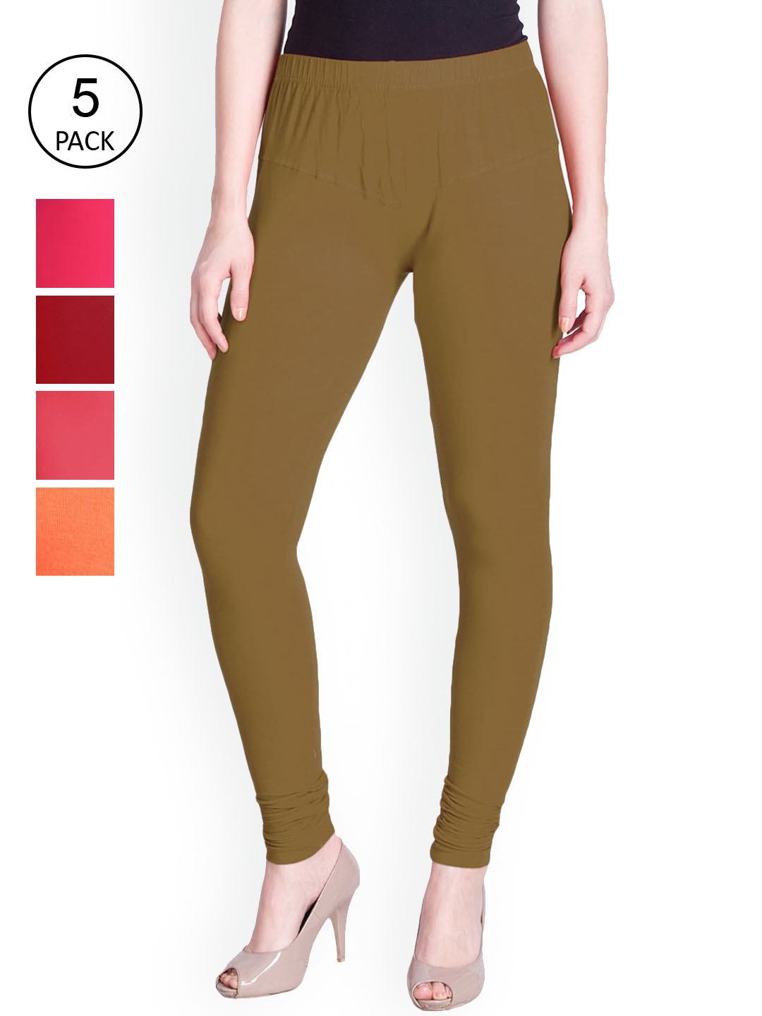 LYRA Women Pack of 5 Solid Churidar Length Leggings, Khaki