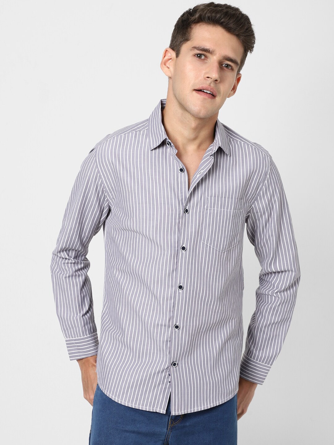 

VASTRADO Men Grey Striped Cotton Casual Shirt