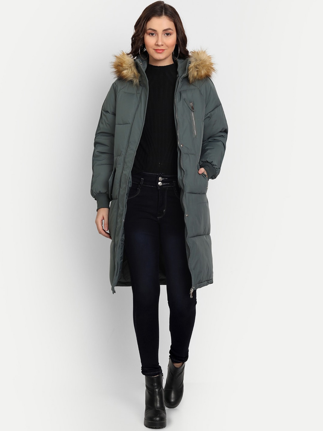 

iki chic Women Green Geometric Windcheater Longline Parka Jacket