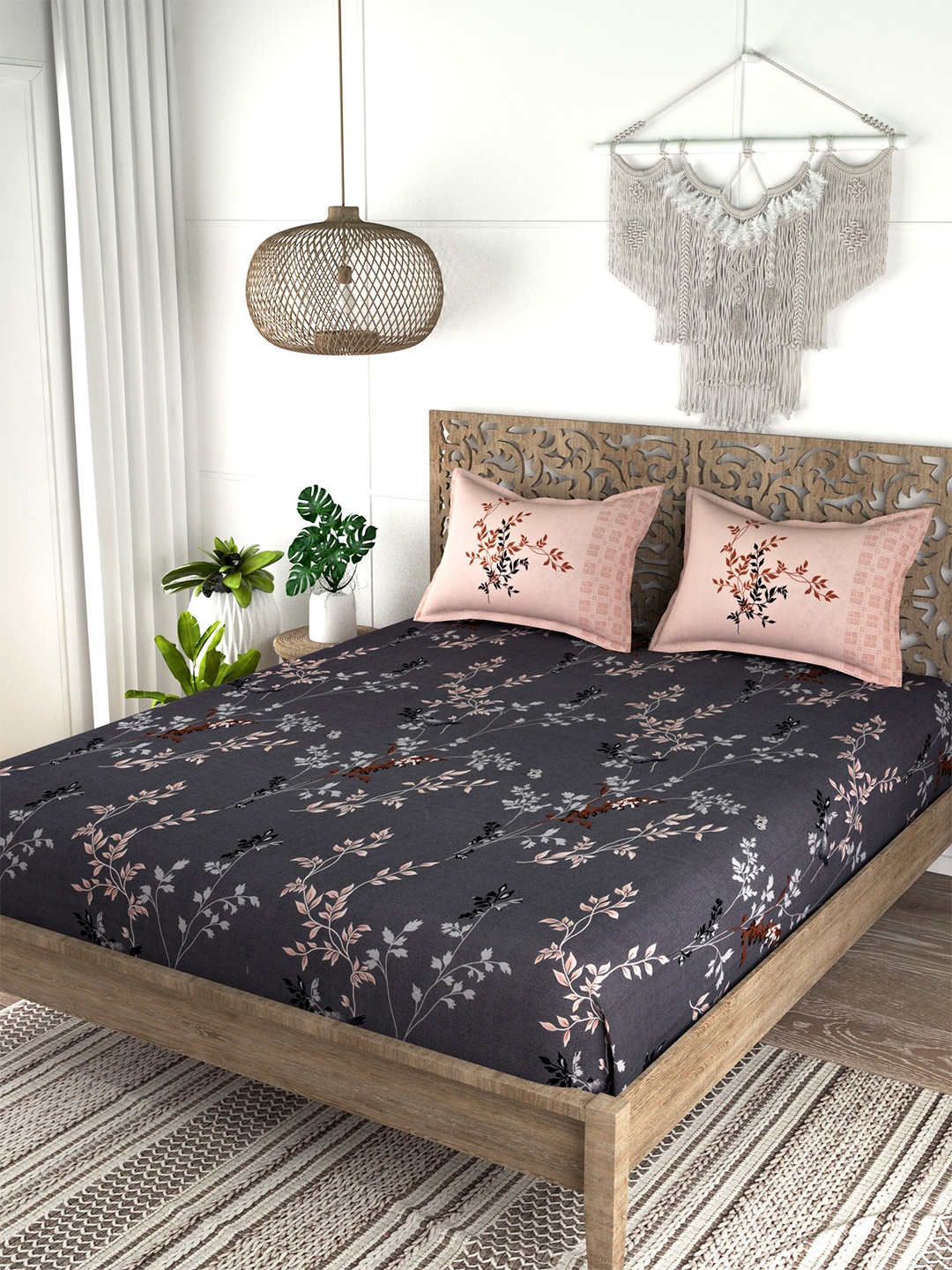 

EverHOME Grey & Pink Floral 210 TC King Bedsheet with 2 Pillow Covers