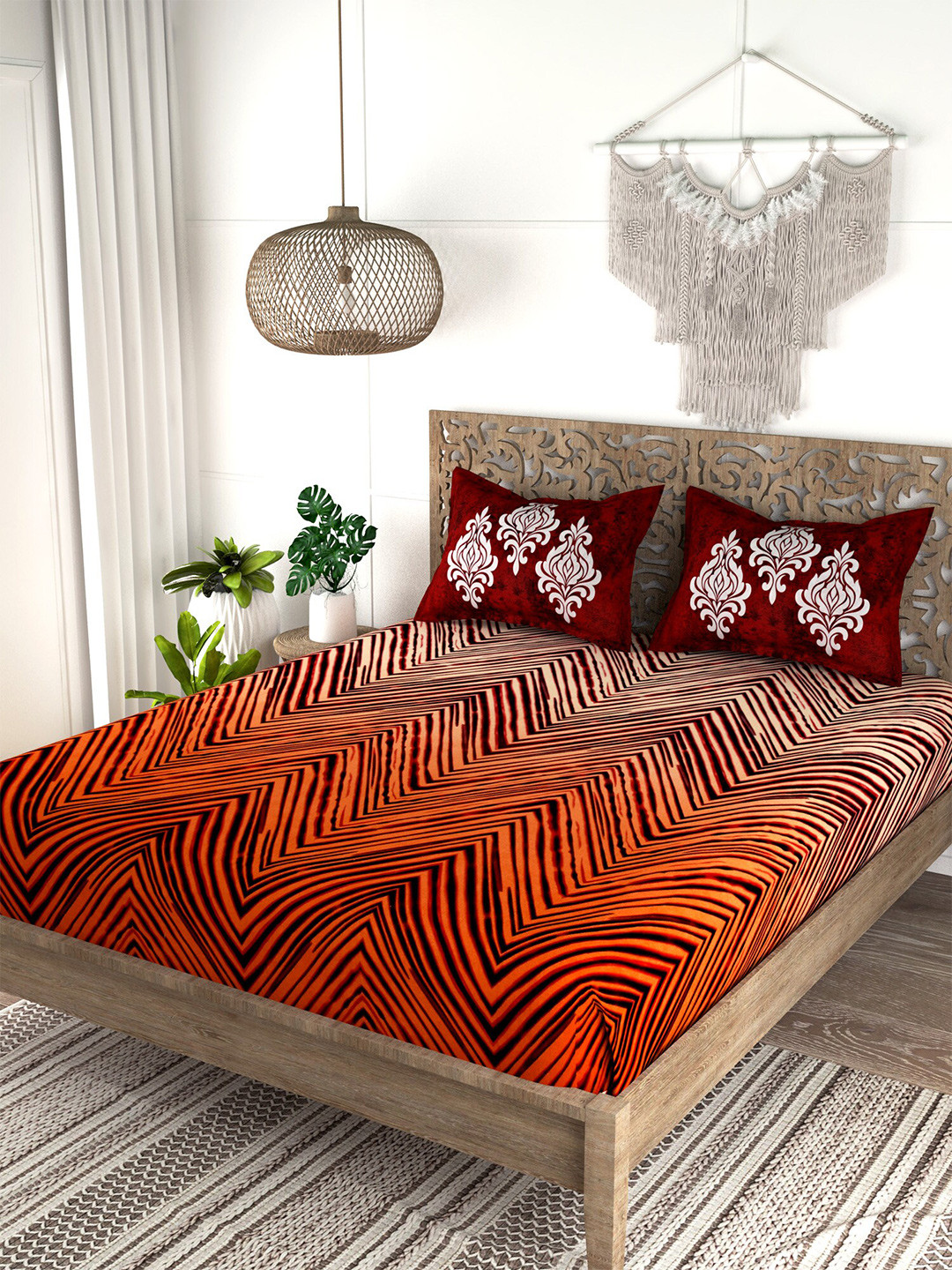 

EverHOME Orange & Beige Striped 210 TC King Bedsheet with 2 Pillow Covers