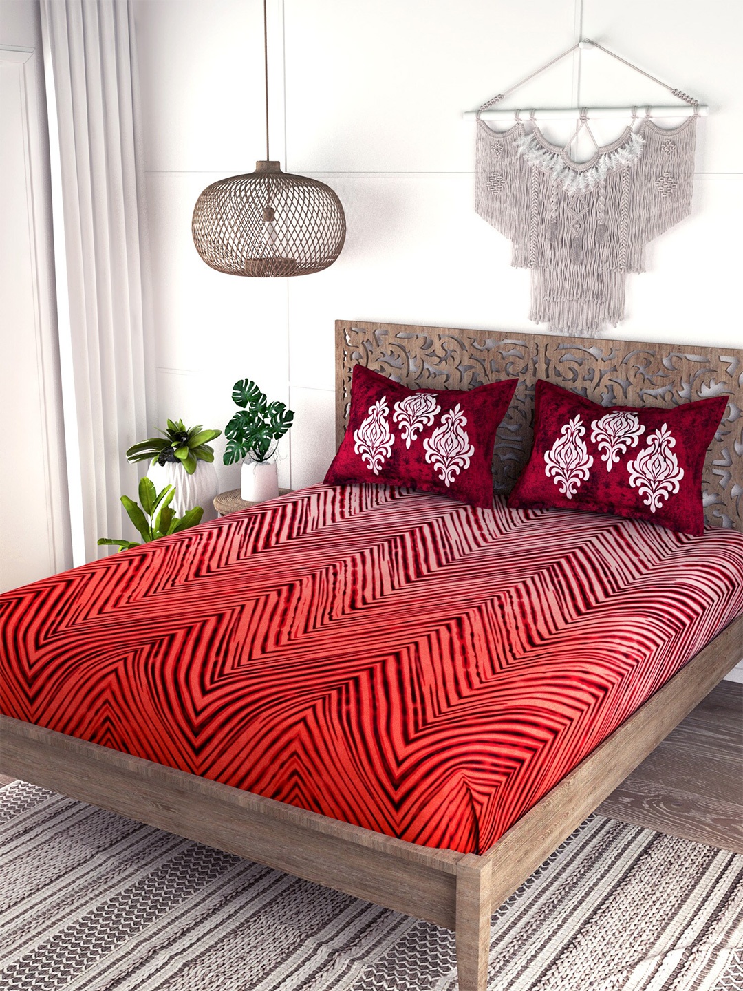 

EverHOME Orange & Pink Striped 210 TC King Bedsheet with 2 Pillow Covers
