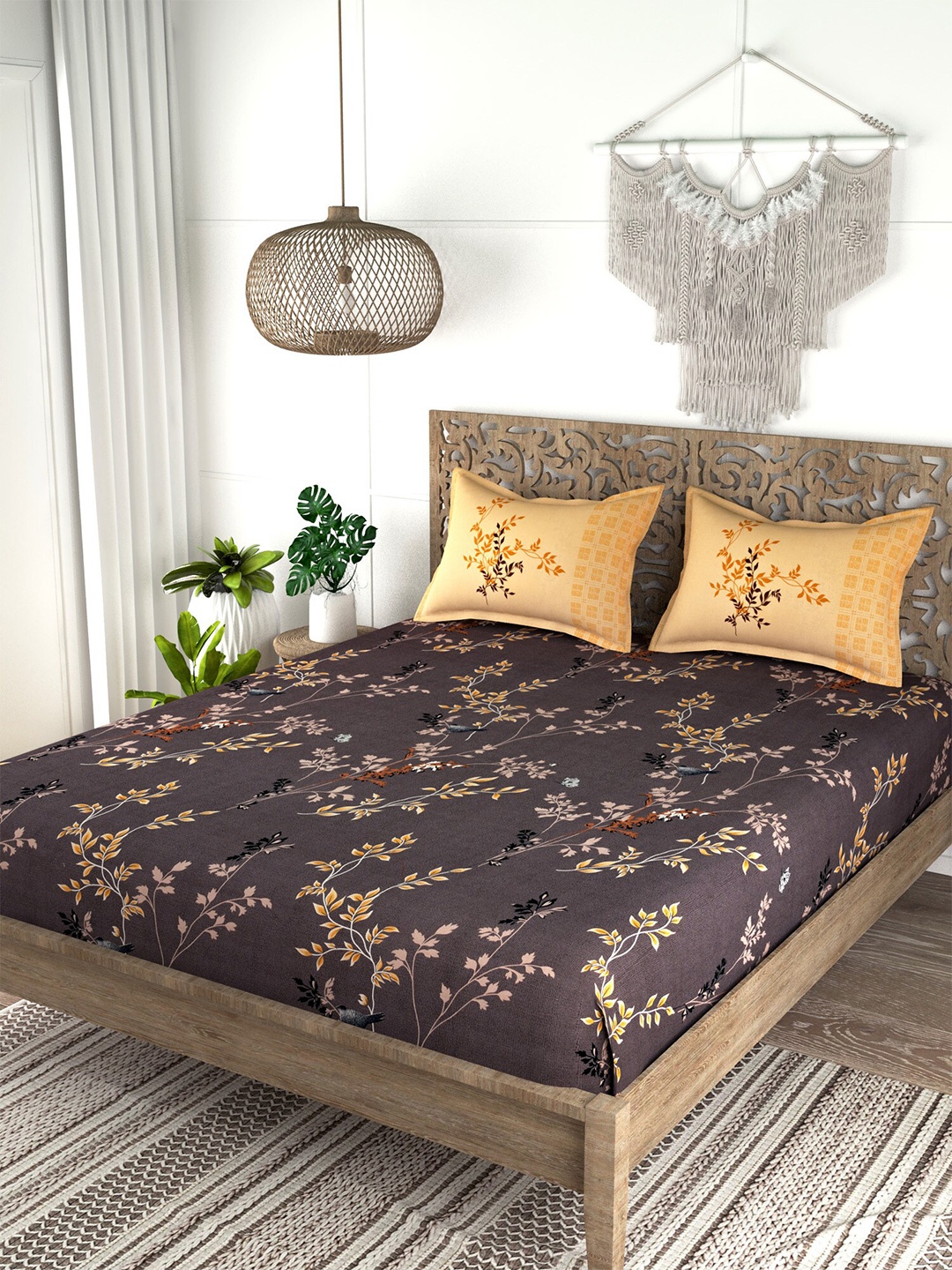 

EverHOME Grey & Brown Floral 210 TC King Bedsheet with 2 Pillow Covers