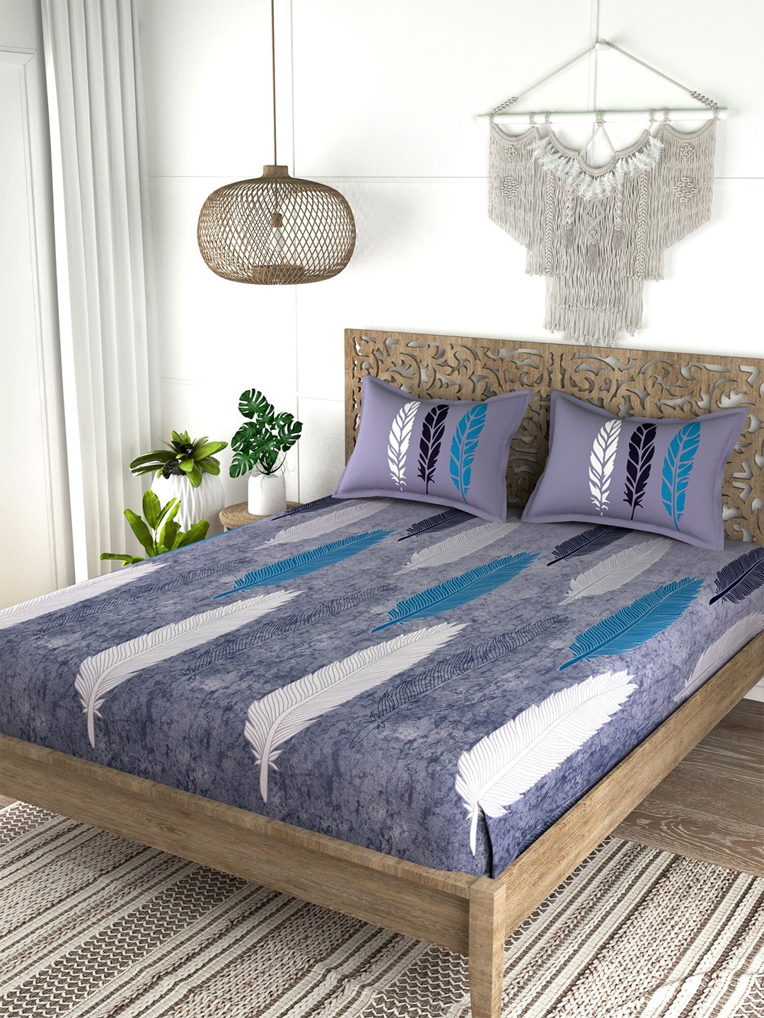 

EverHOME Grey & Blue Graphic 210 TC King Bedsheet with 2 Pillow Covers