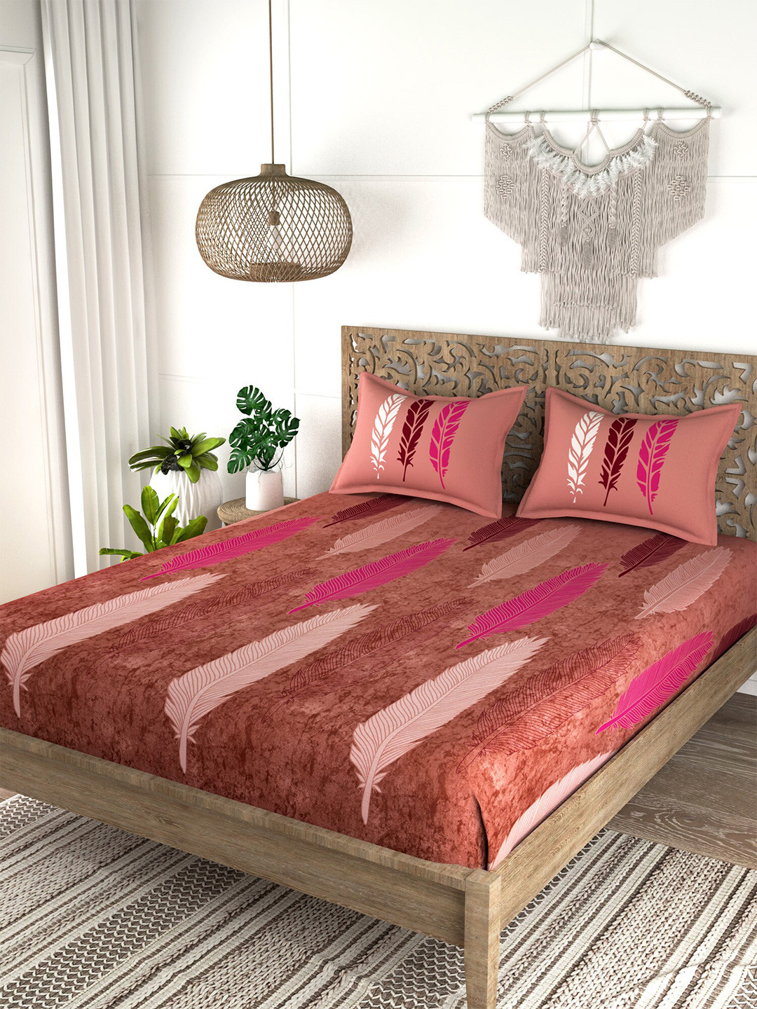

EverHOME Rust & Pink Graphic 210 TC King Bedsheet with 2 Pillow Covers