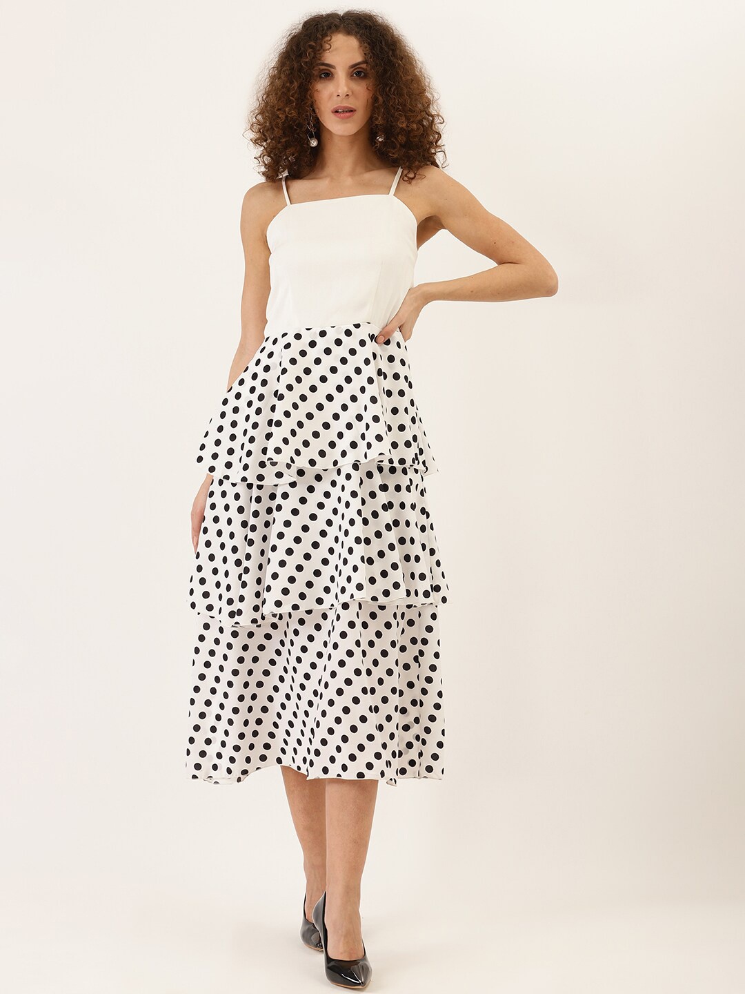 

DODO & MOA Women White & Black Polka Dots Printed Layered Fit and Flare Dress
