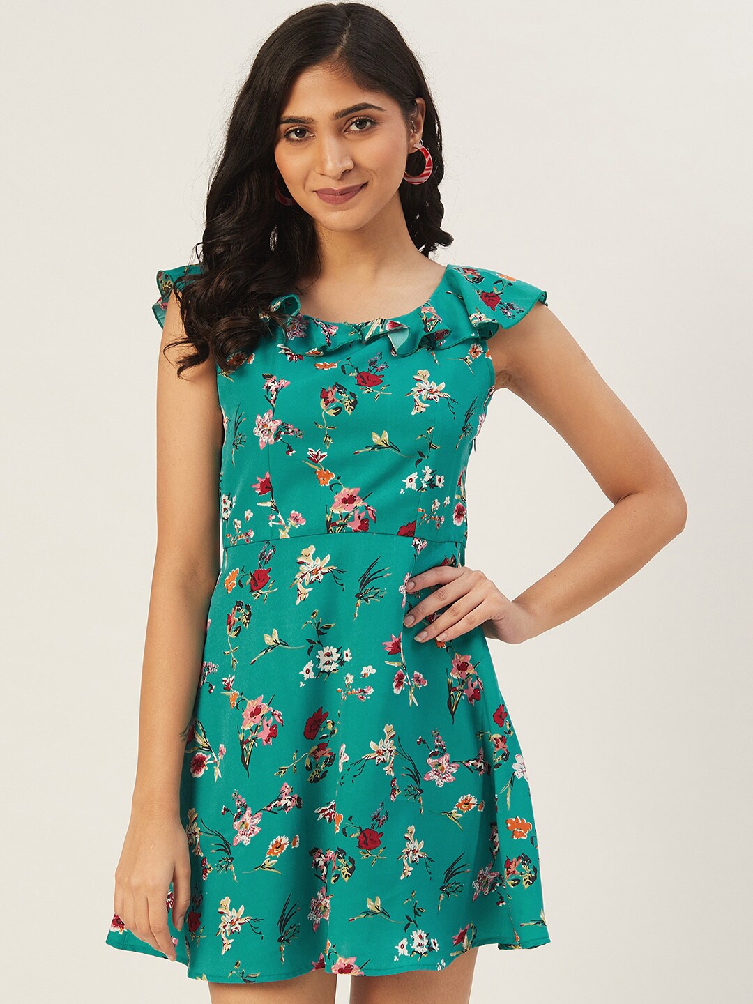 

DODO & MOA Women Teal & Maroon Floral Printed A-Line Dress