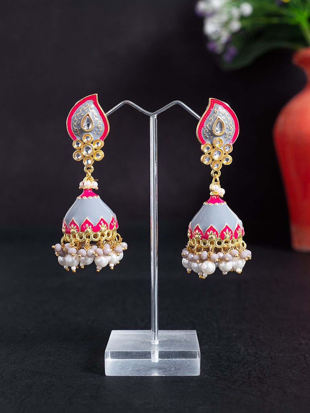 

Golden Peacock Grey & Pink Dome Shaped Jhumkas Earrings
