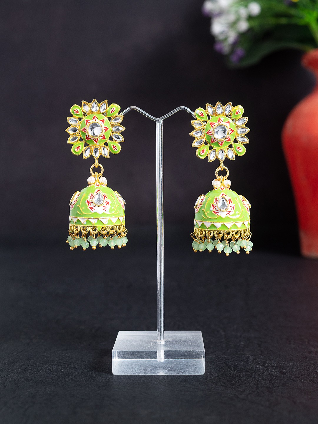 

Golden Peacock Green & Gold-Toned Dome Shaped Jhumkas Earrings
