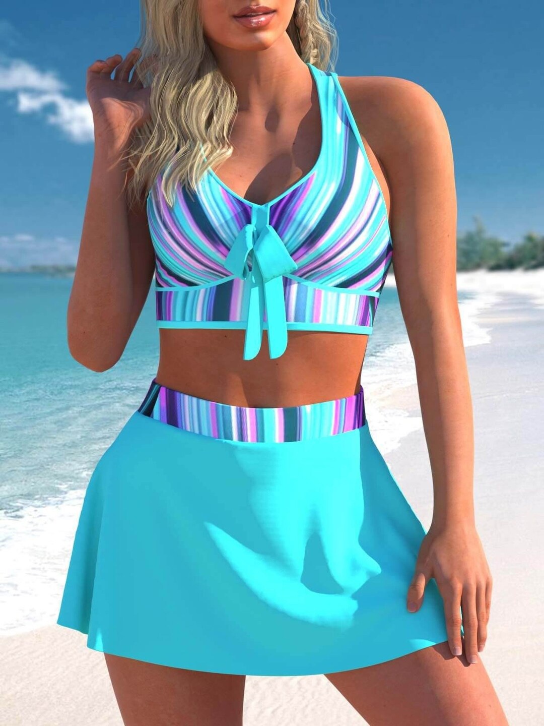 

FancyPants Women Striped Swimwear Bikini Set, Turquoise blue