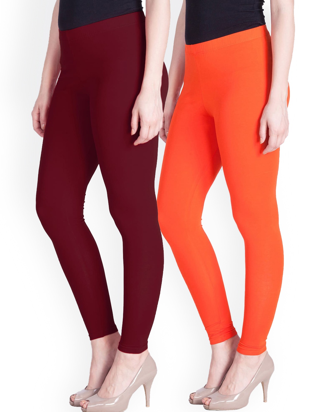 

LYRA Women Pack of 2 Maroon & Orange Solid Ankle Length Leggings