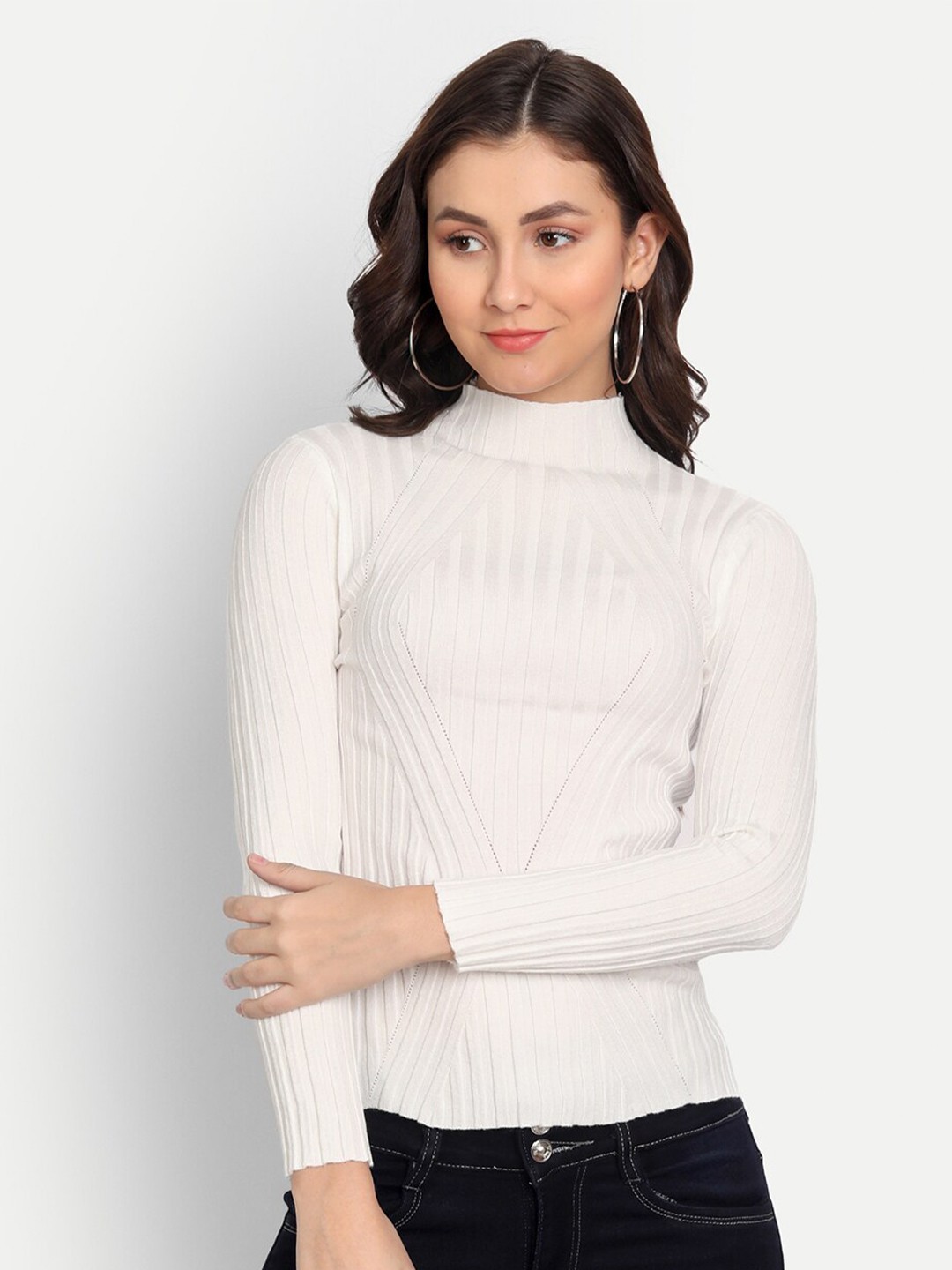 

iki chic Women White Cable Knit Printed Wool Pullover Sweater