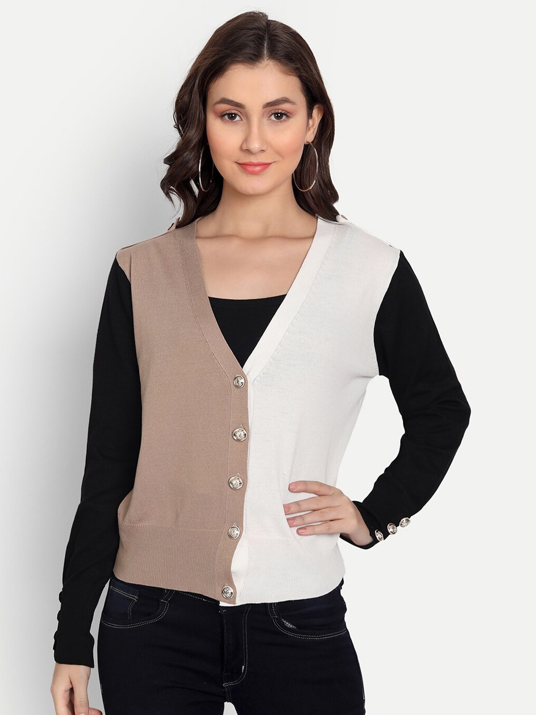 

iki chic Women Beige & White Colourblocked Cardigan Sweater